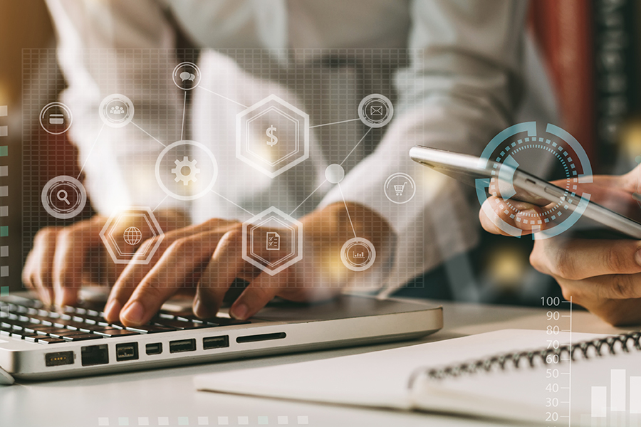 Working team meeting concept, business using laptop and smart phone and digital tablet computer with digital marketing media in virtual icon network diagram office in morning light