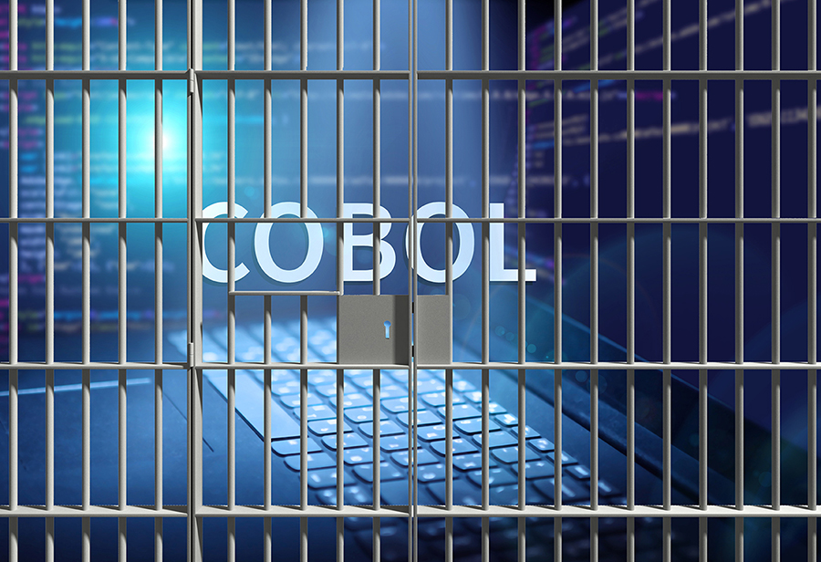 Cobol programming language in a jail cell behind bars, wrongly accused of causing system crashes during the COVID Pandemic.
