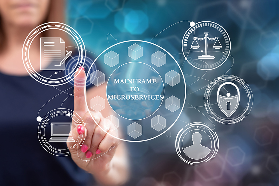 Woman touching a mainframe surrounded by a microservices safety net backup system concept. 